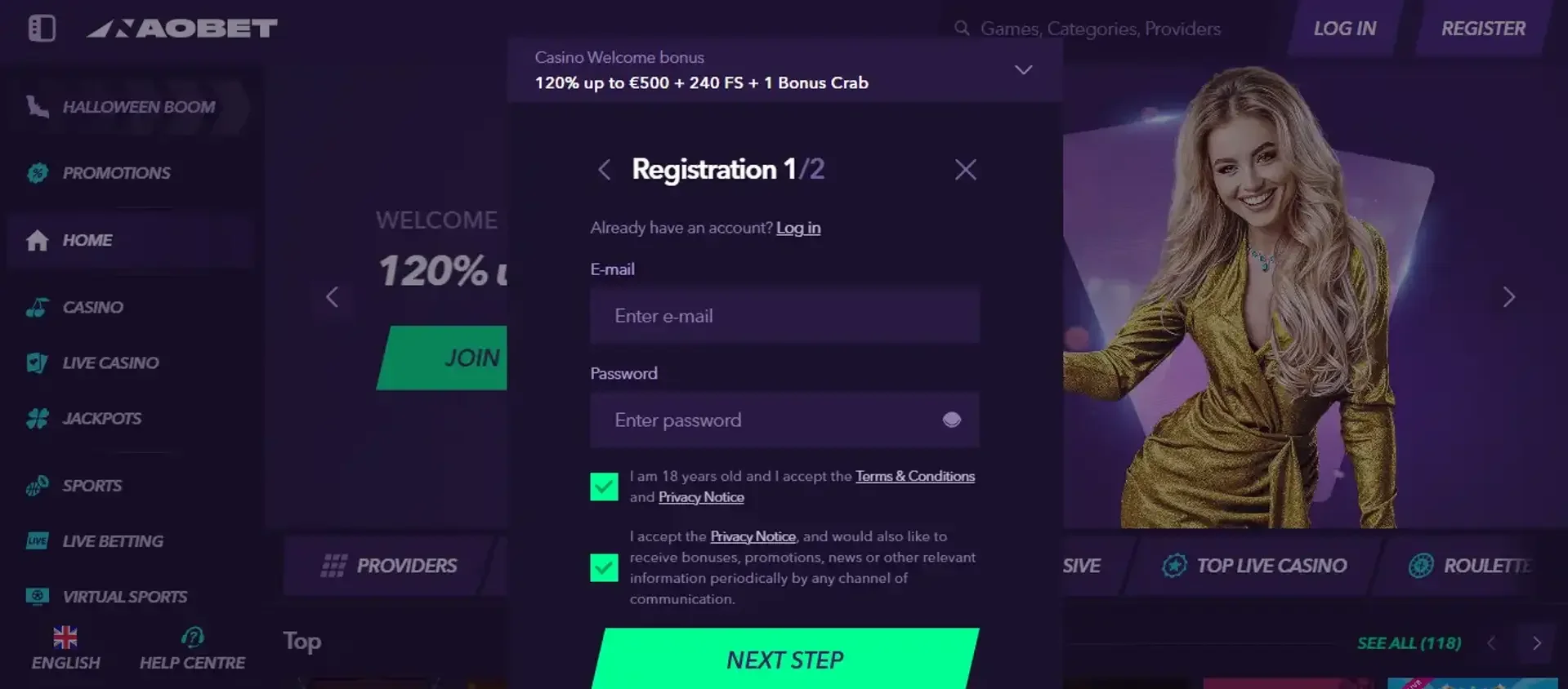Modulo di registrazione per aprire un conto NaoBet